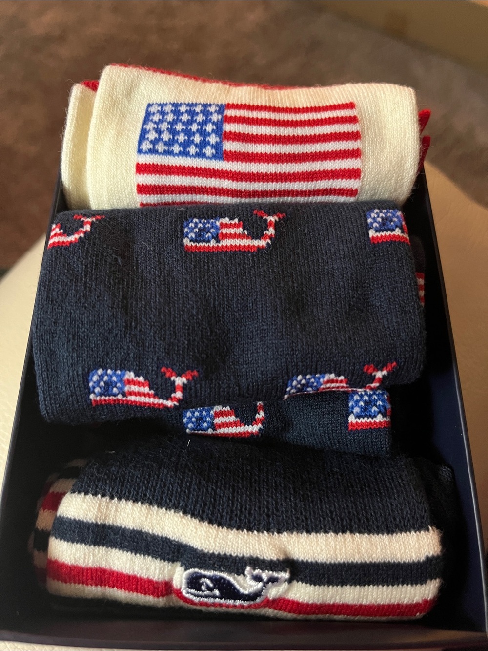 Men's Flag Pattern Crew Socks - Navy, White, Red - new. OSFM. 3 pair!